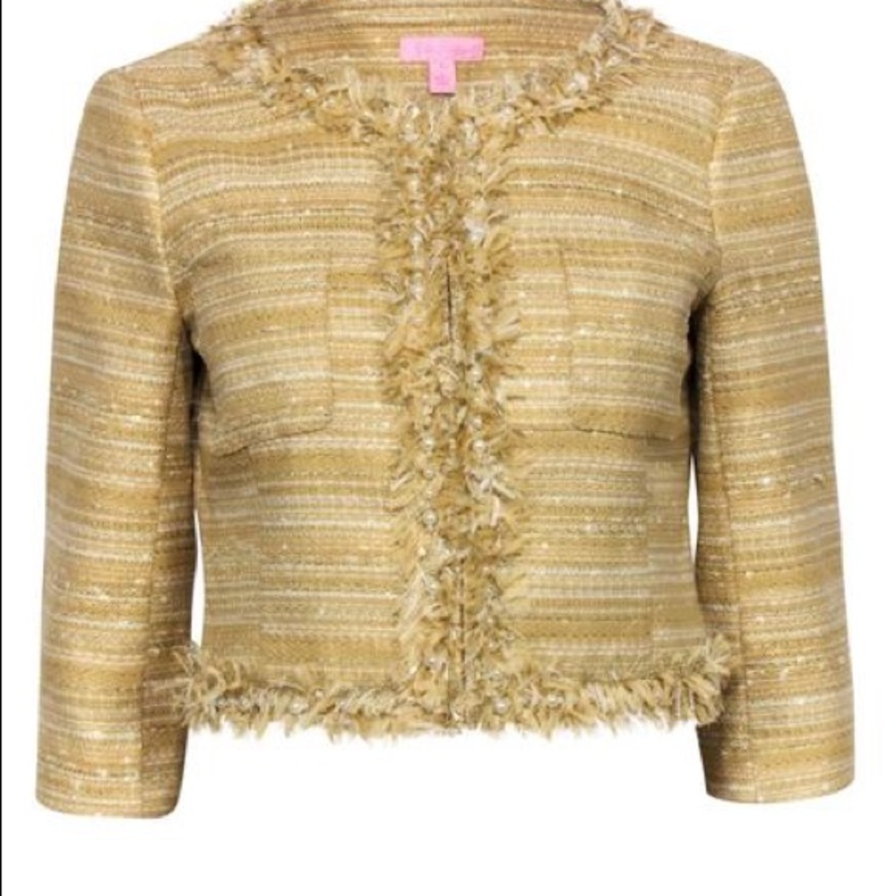 Lilly Pulitzer Pale Yellow & Gold Cropped Tweed Jacket w/ Fringe Sz 2